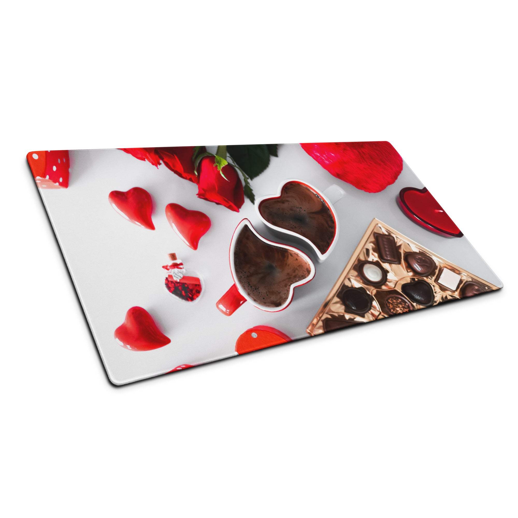 Valentine’s large gaming mouse pad with hearts, coffee mugs, chocolates