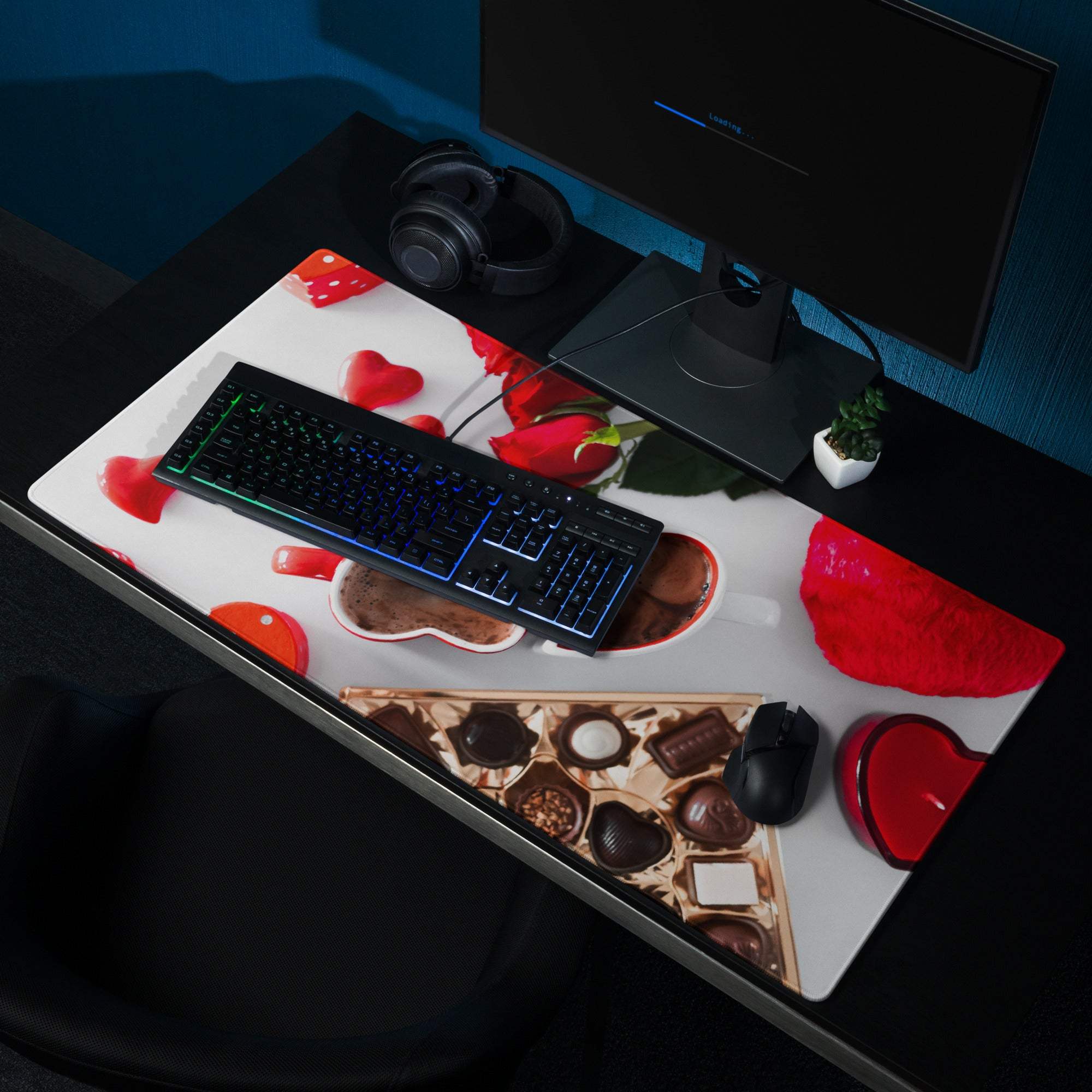 Valentine large gaming mouse pad with red roses, hearts, candy, non-slip base