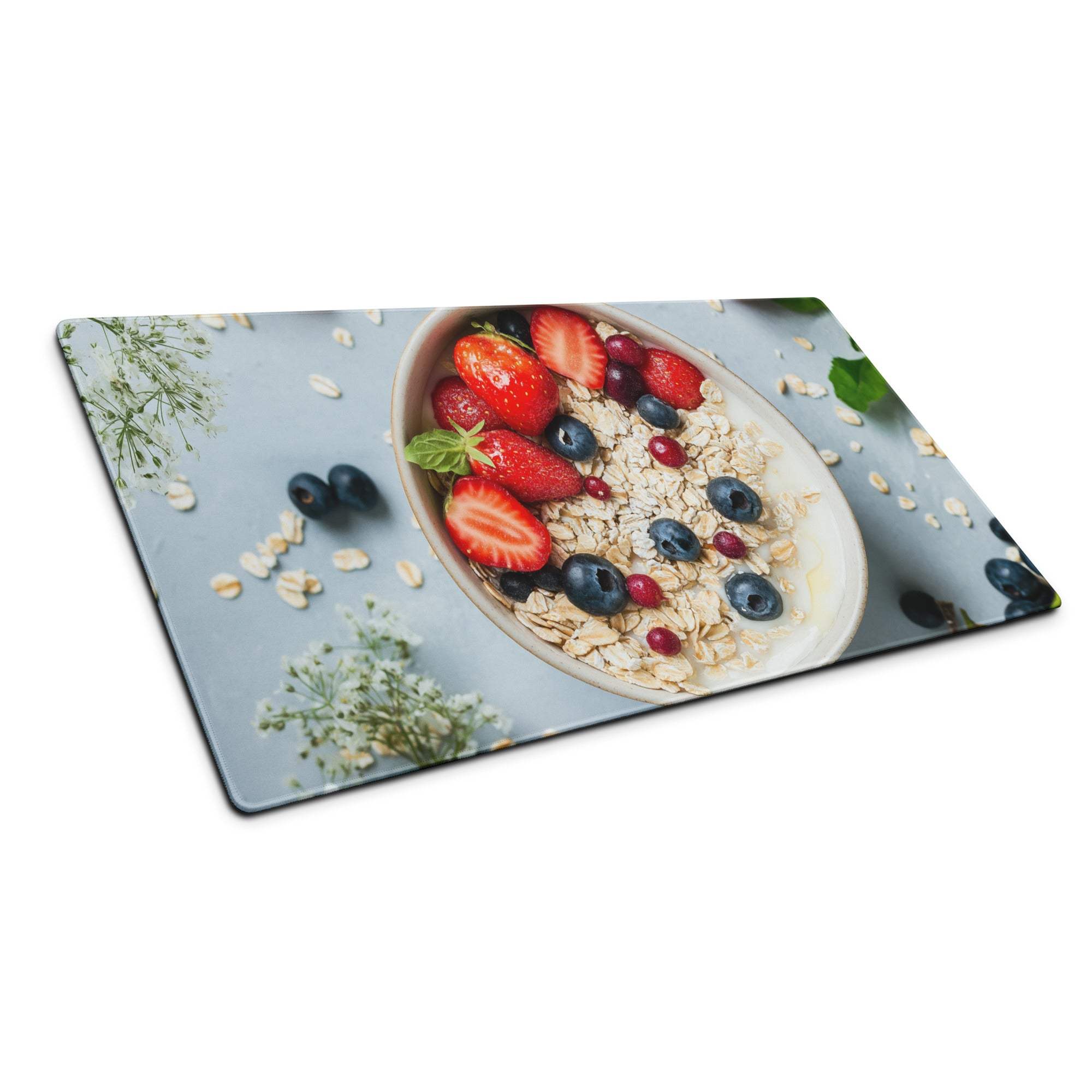 Vibrant oatmeal with berries on glass cutting board mouse pad for Dota CSGO