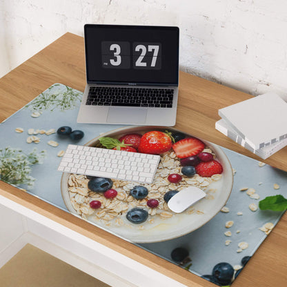 Light blue non-slip gaming mouse pad with strawberries, blueberries, oats print