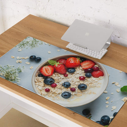 Vibrant strawberry blueberry oats gaming mouse pad with edge stitching