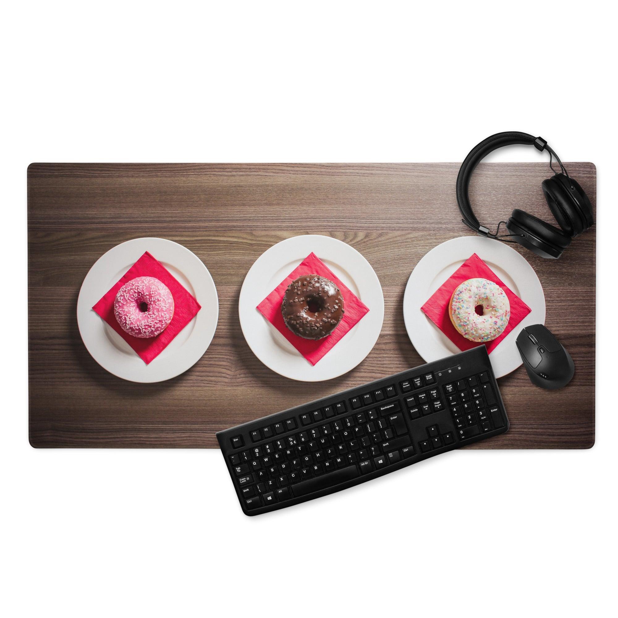 Wood grain brown gaming mouse pad with donuts design, keyboard, mouse, headphones
