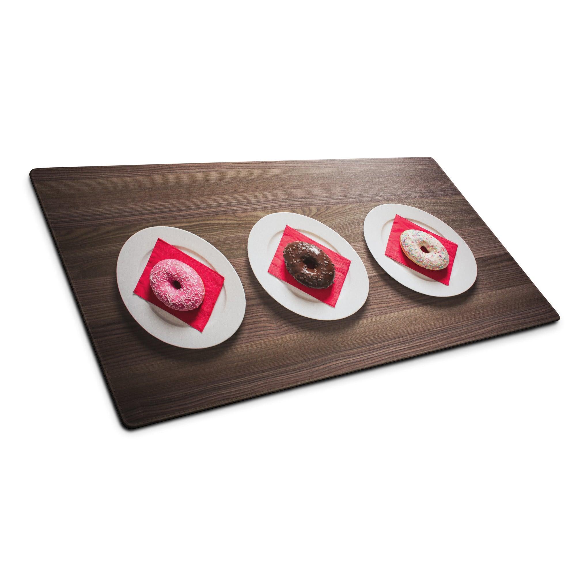 Dark wood-grain large gaming mouse pad with printed donuts image