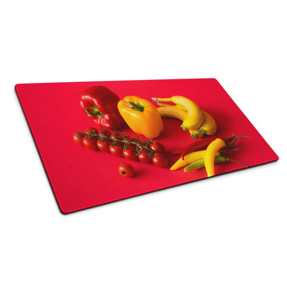 Vibrant veggie print on large non-slip gaming mouse pad with red peppers, bananas, tomatoes