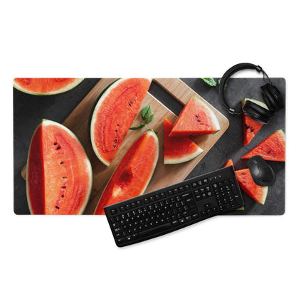 Vibrant watermelon gaming mouse pad with red flesh, green rind, large non-slip surface