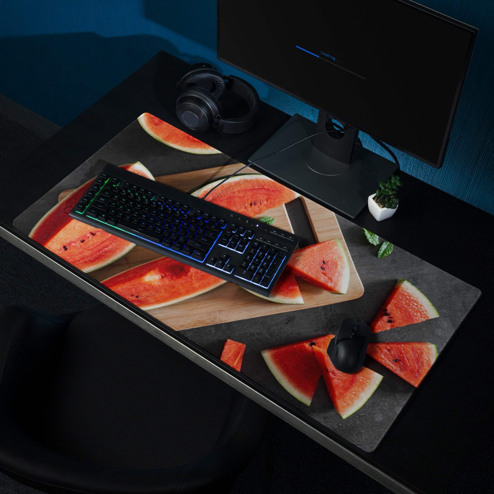 Vibrant watermelon gaming mouse pad with large surface, durable stitching, non-slip base