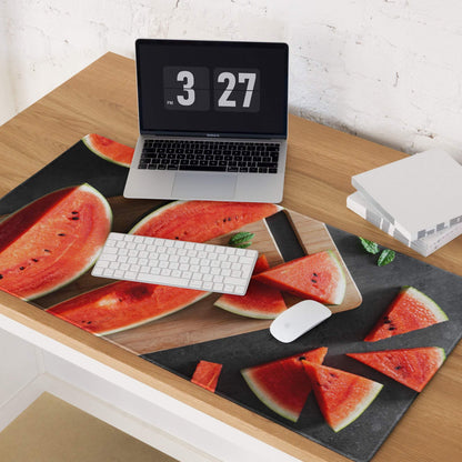Vibrant watermelon gaming mouse pad with red slices, green rind on dark gray non-slip base