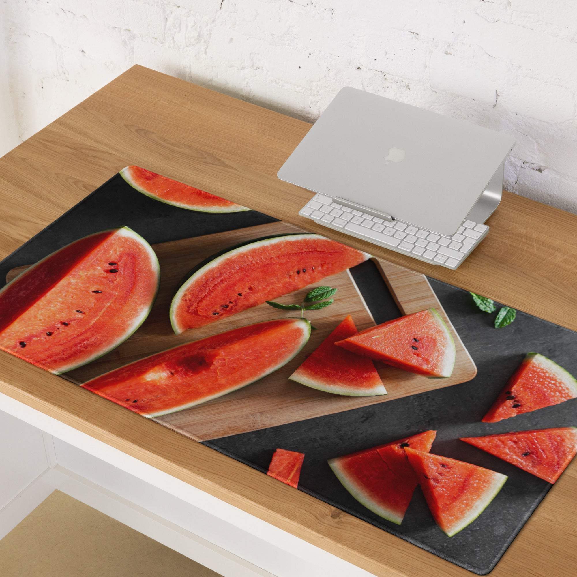 Vibrant watermelon gaming mouse pad with red slices, large non-slip surface