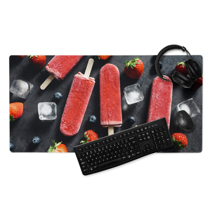 Large gaming mouse pad with red strawberry popsicle, berries, ice on dark texture