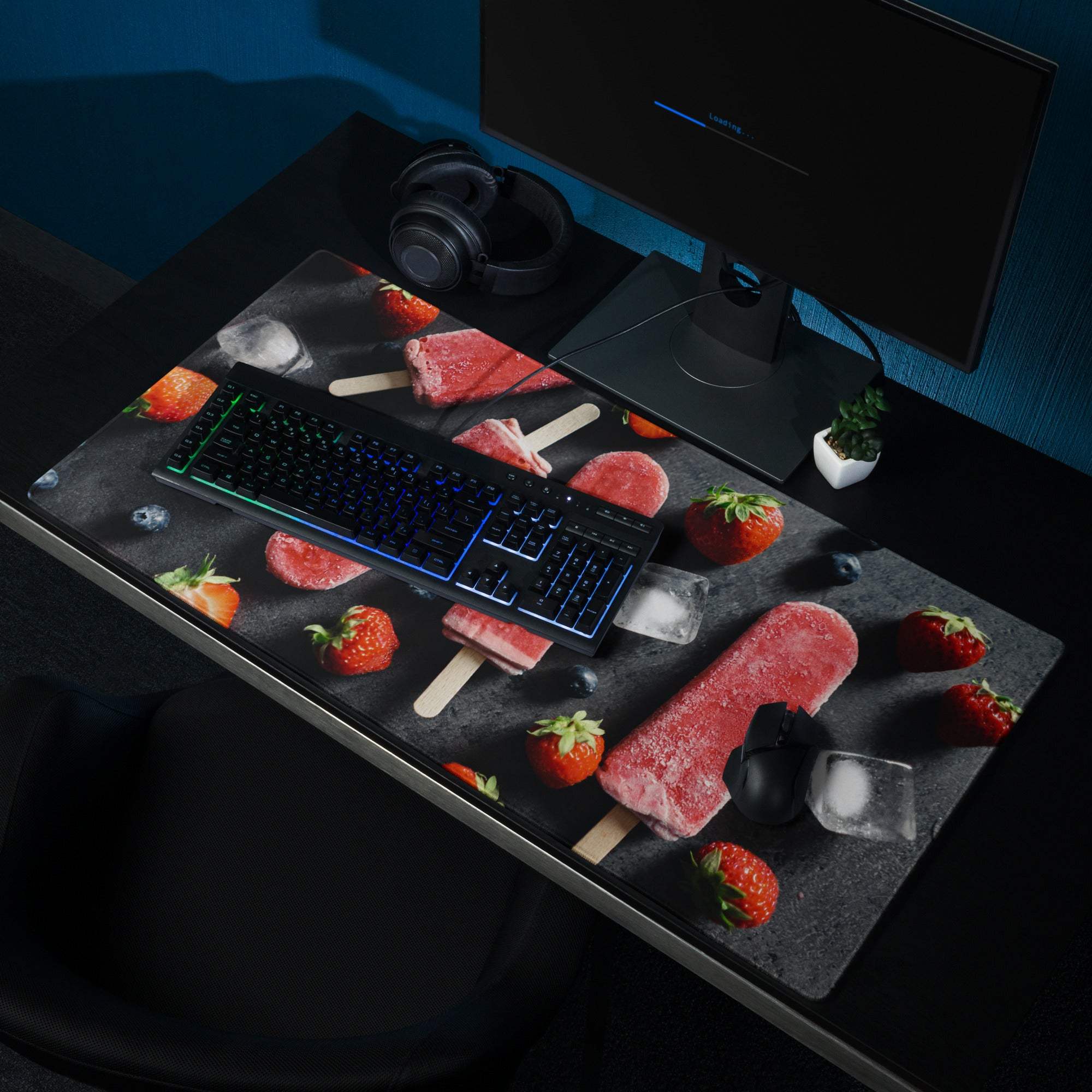 Large black gaming mousepad with strawberry popsicles design for Dota CSGO