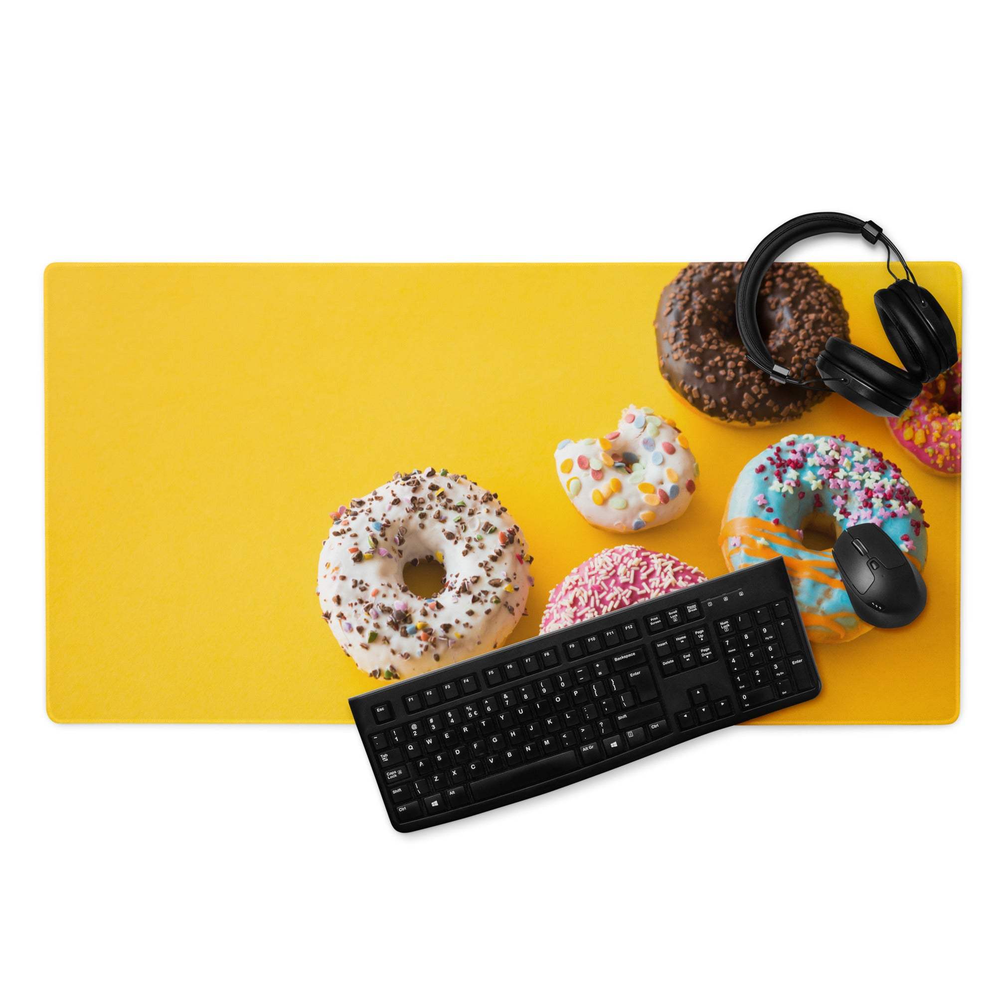Vibrant large gaming mouse pad with colorful donuts, headphones, keyboard