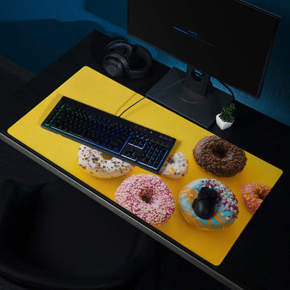 Yellow sprinkled donut gaming mouse pad with non-slip base and stitched edges