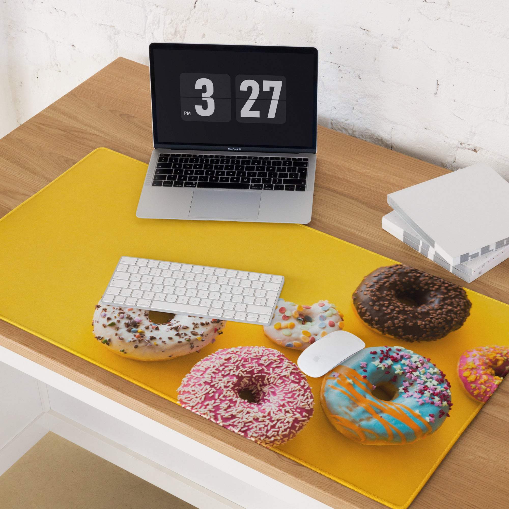 Yellow donut sprinkled gaming mouse pad with non-slip base and stitched edges