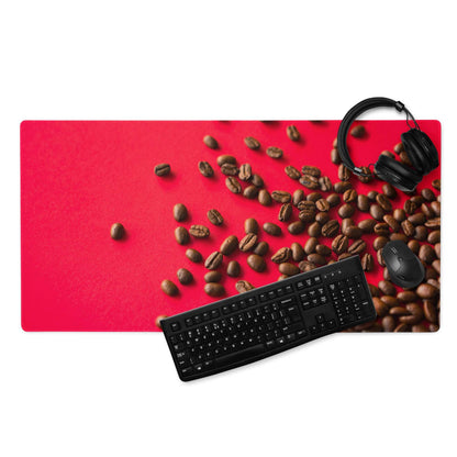 Bold red coffee bean gaming mousepad with black keyboard and mouse