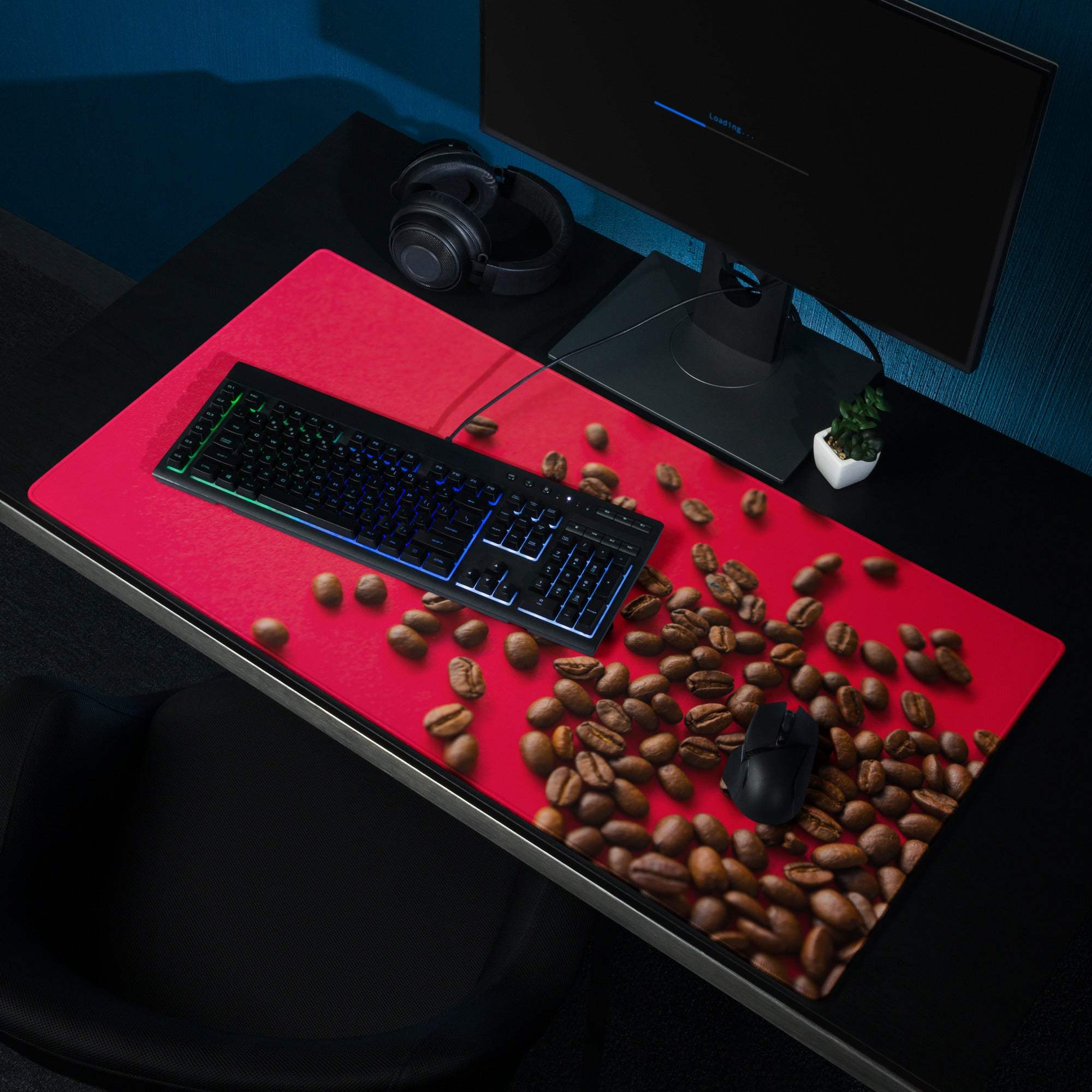 Bold red coffee bean themed gaming mouse pad with large surface and non-slip base