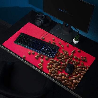 Bold red coffee bean themed gaming mouse pad with large surface and non-slip base
