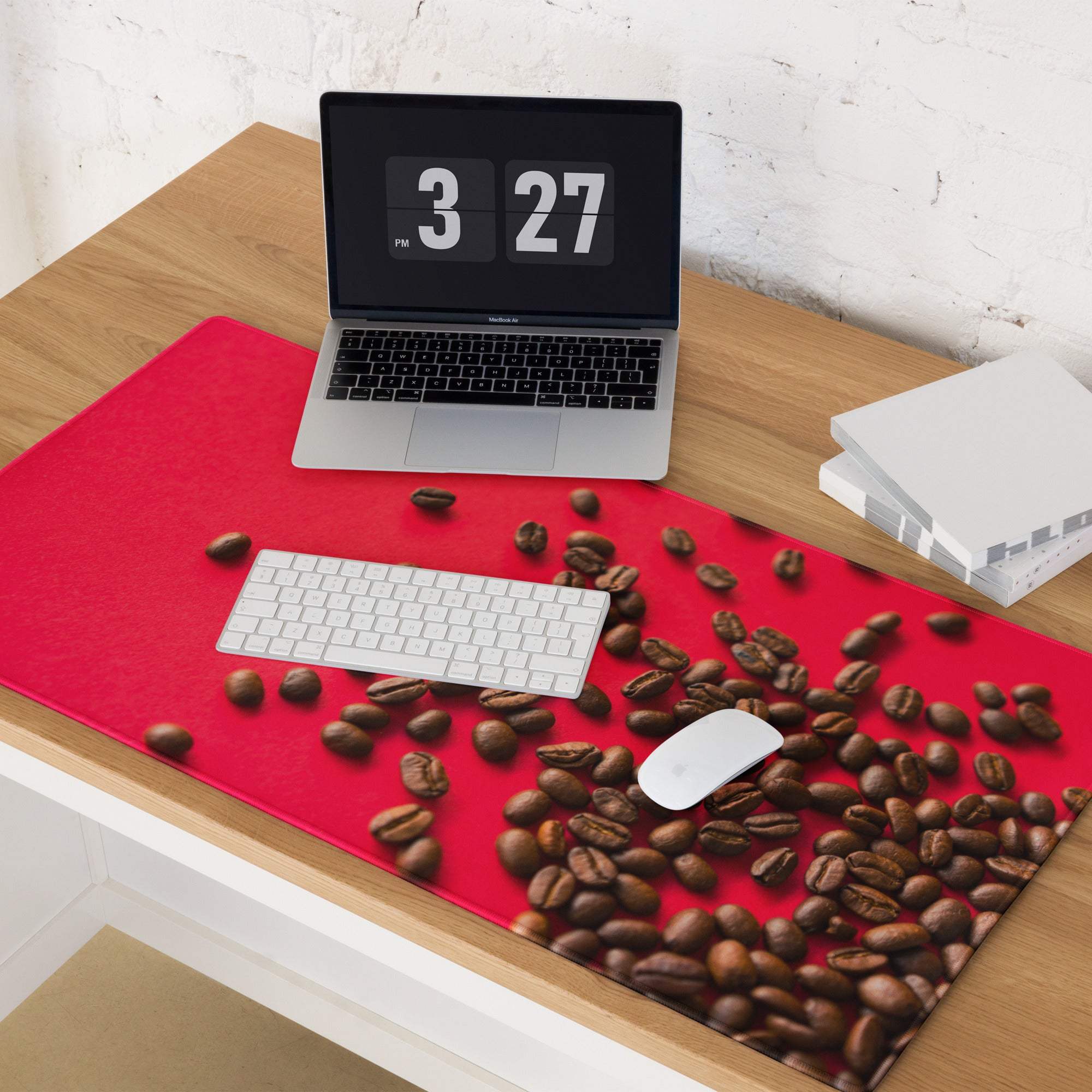 Bold red coffee bean themed gaming mouse pad with large surface and non-slip base