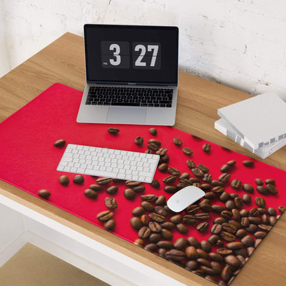 Bold red coffee bean themed gaming mouse pad with large surface and non-slip base
