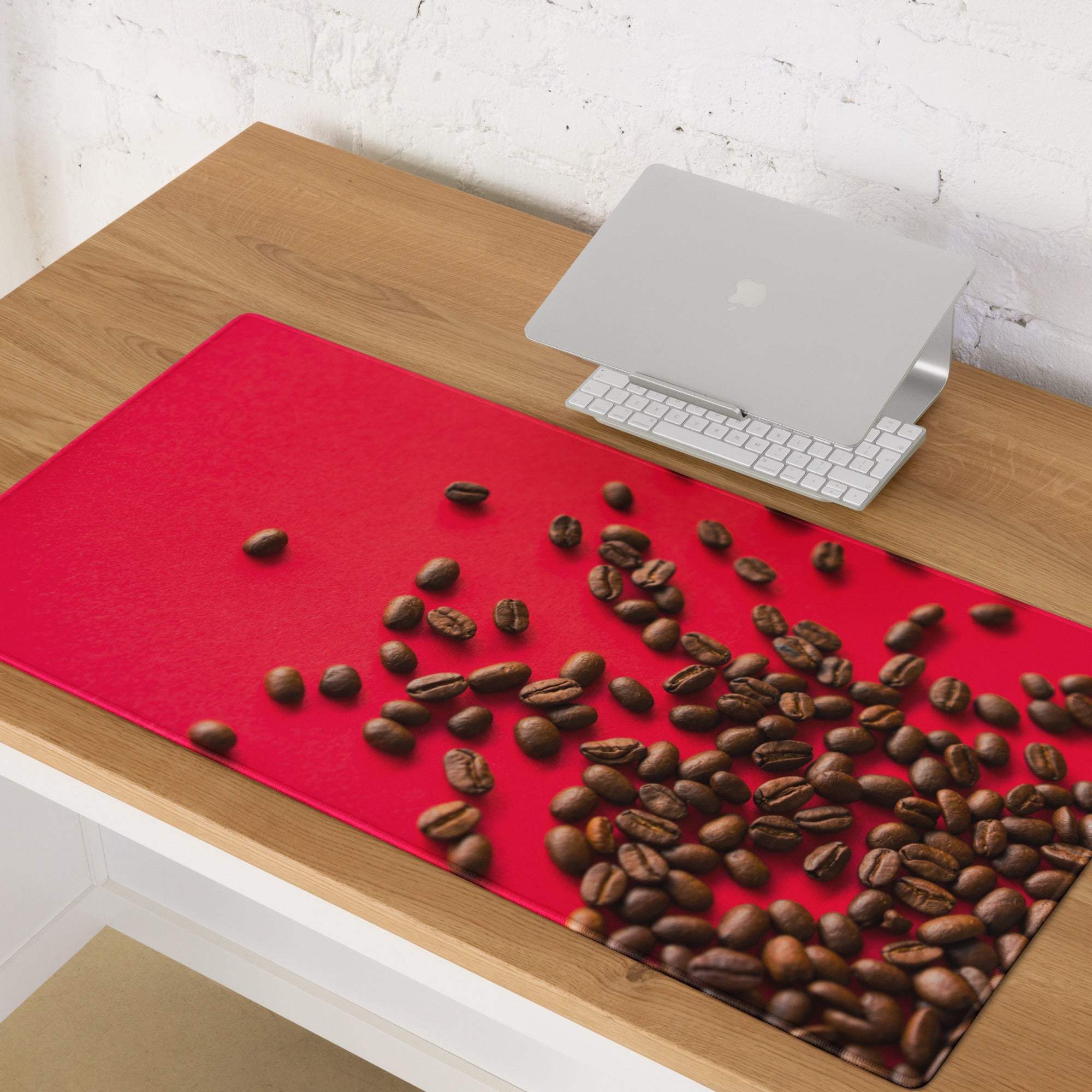 Bold red coffee bean gaming mouse pad with scattered roasted beans design