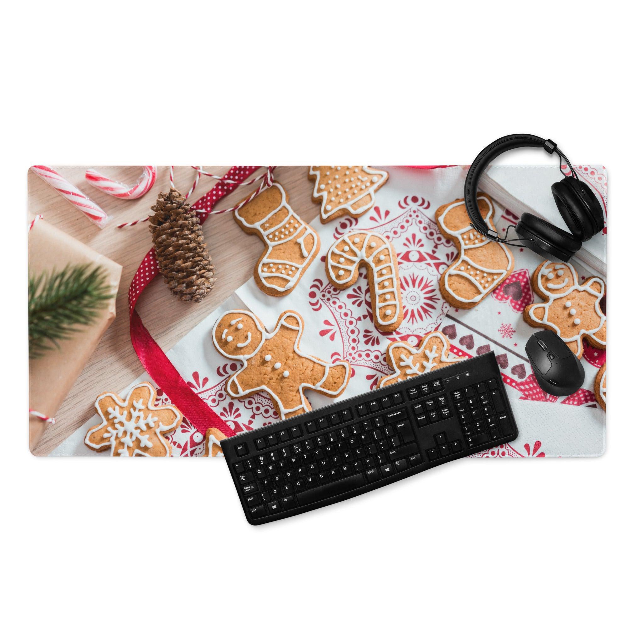 Festive holiday large gaming mouse pad with gingerbread cookies, candy canes, pinecones, non-slip base, durable stitching