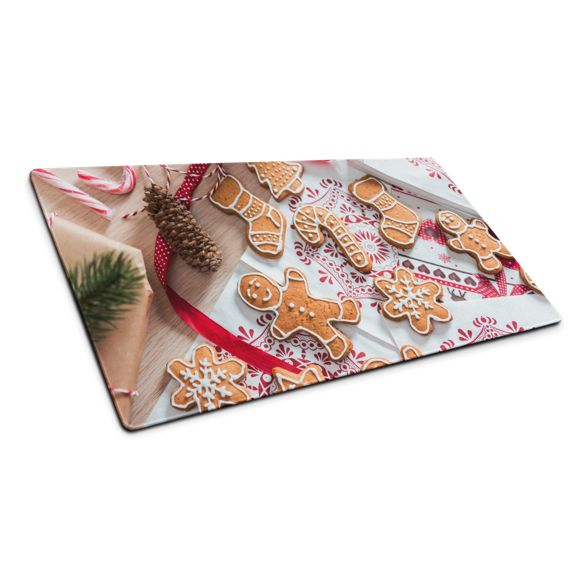 Festive holiday large gaming mouse pad with gingerbread design