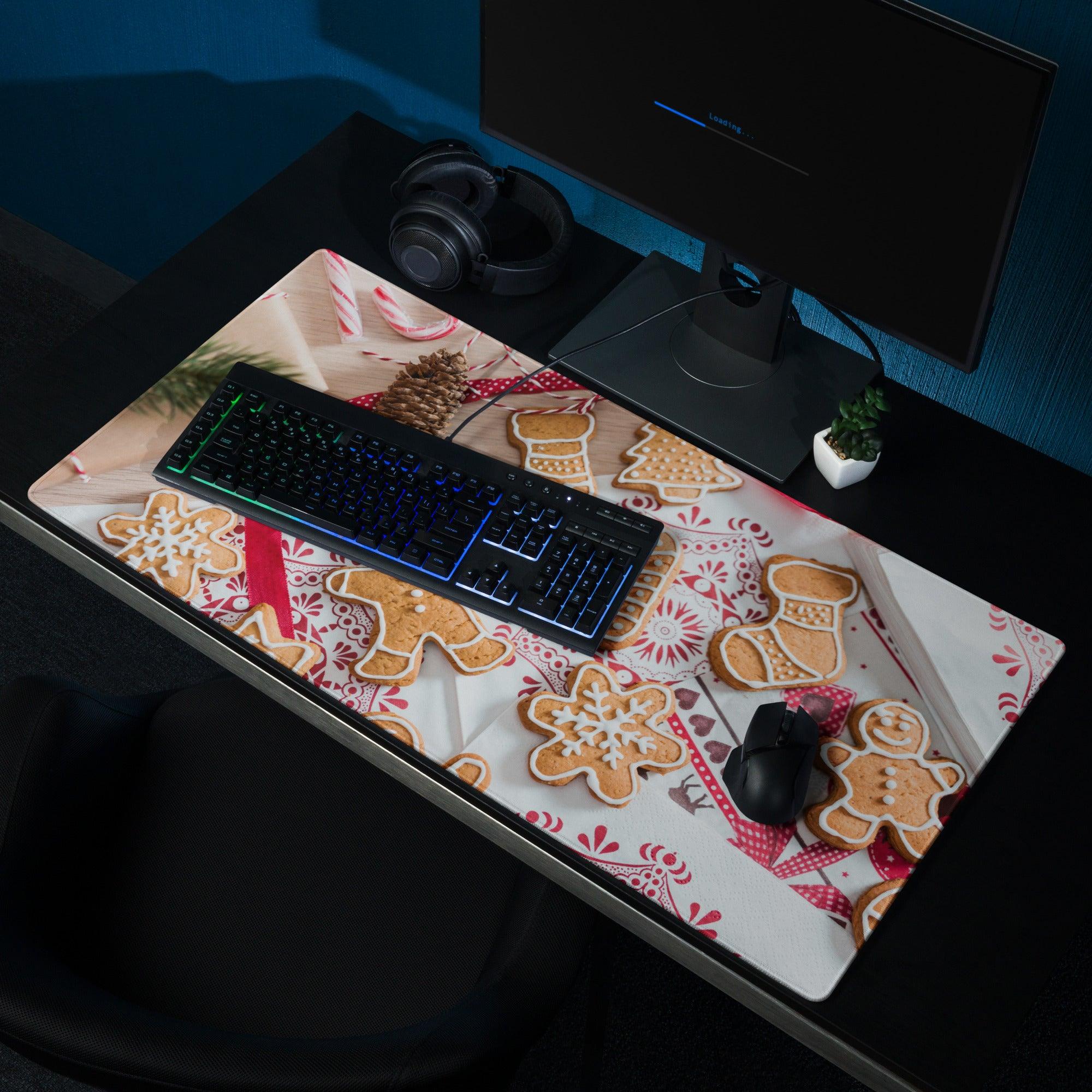 Festive holiday gaming mouse pad with gingerbread, snowflakes, pinecones