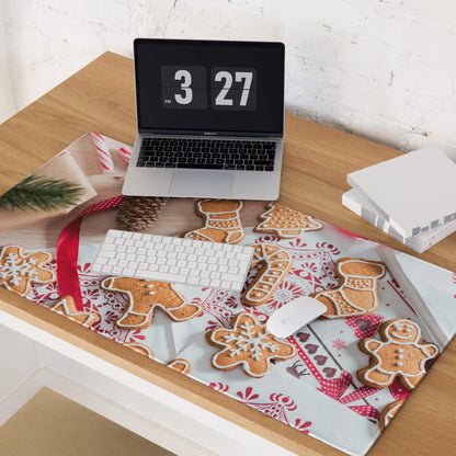 Festive Christmas gaming mouse pad with gingerbread men, stockings, snowflakes