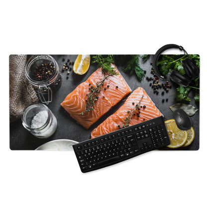 Black premium gaming mouse pad with salmon fillet print and resting keyboard