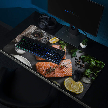 Premium large non-slip black gaming mouse pad with salmon print and edge stitching