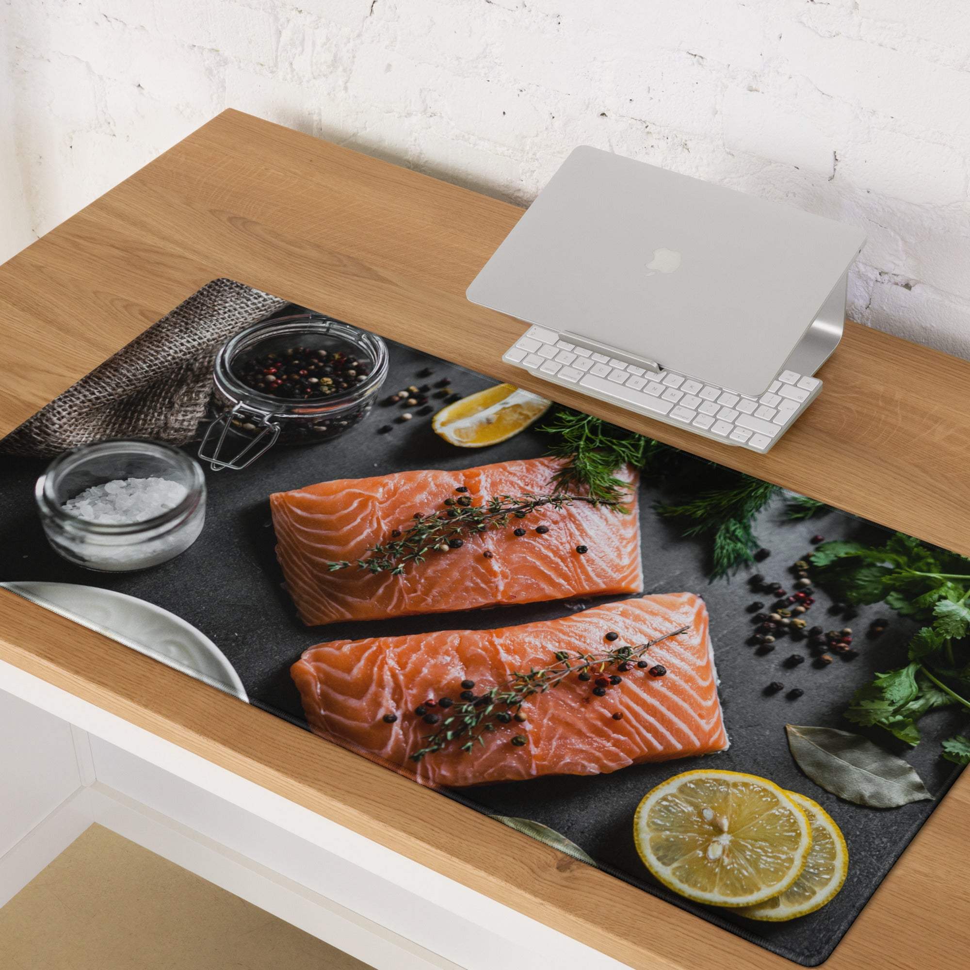Black salmon-themed premium large non-slip gaming mouse pad with orange fillets, herbs, lemon