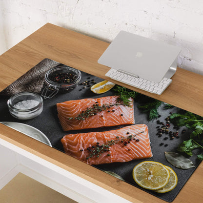 Black salmon-themed premium large non-slip gaming mouse pad with orange fillets, herbs, lemon