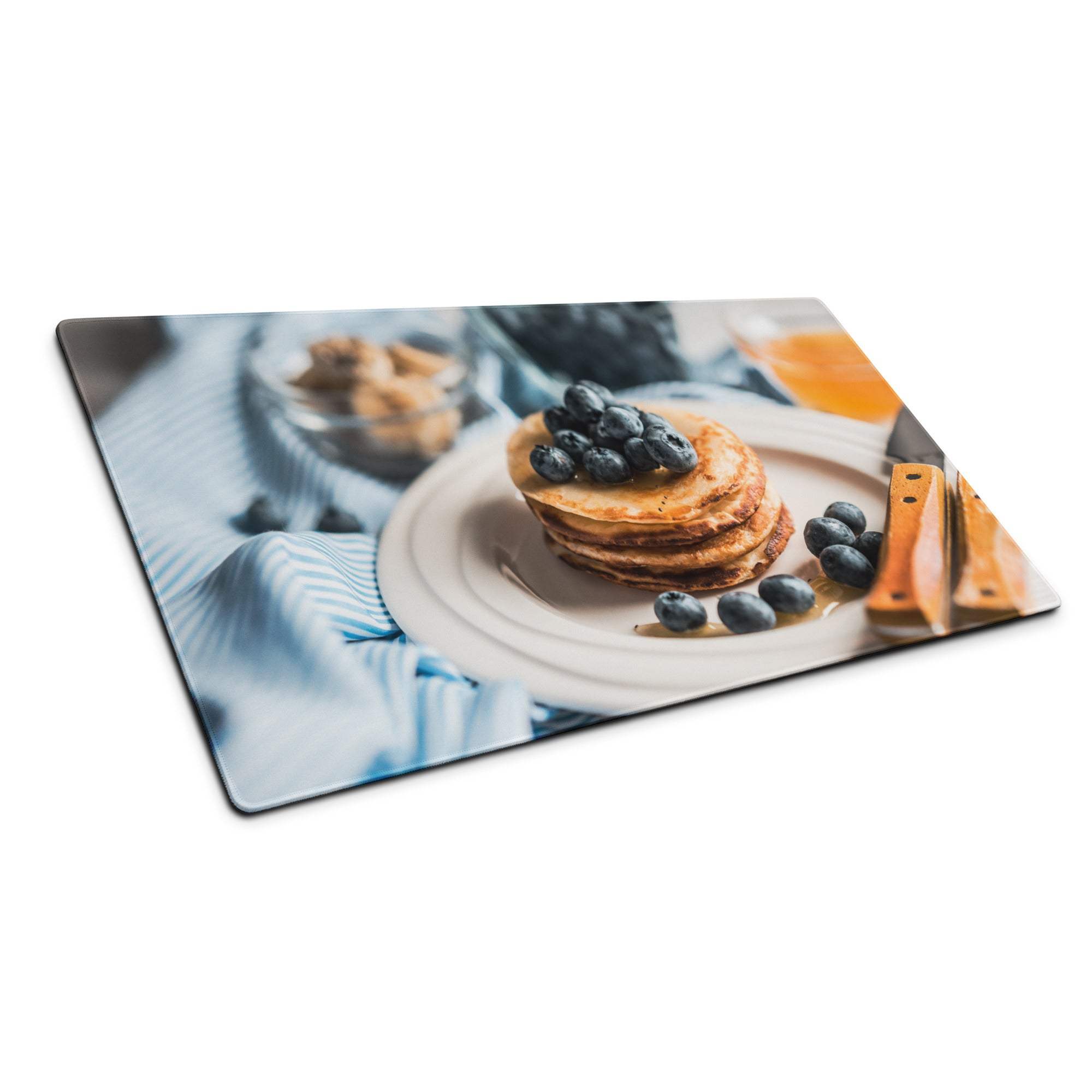 Rectangular glass cutting board with printed blueberry pancakes image