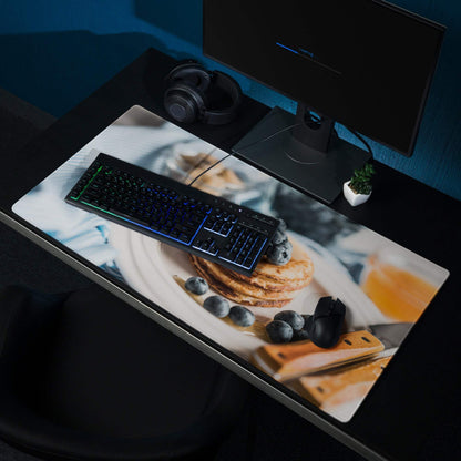 Premium large non-slip blue gaming mouse pad with breakfast scene print