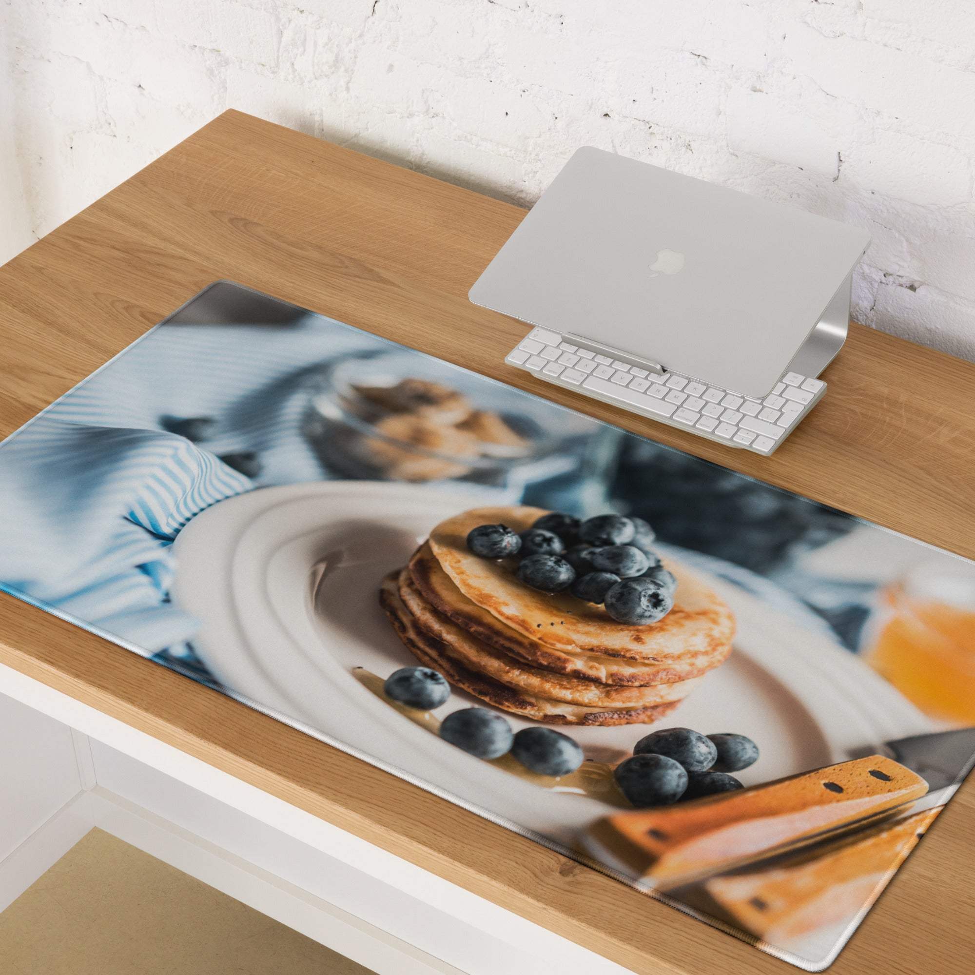 Premium large non-slip blue gaming mouse pad with golden pancakes print