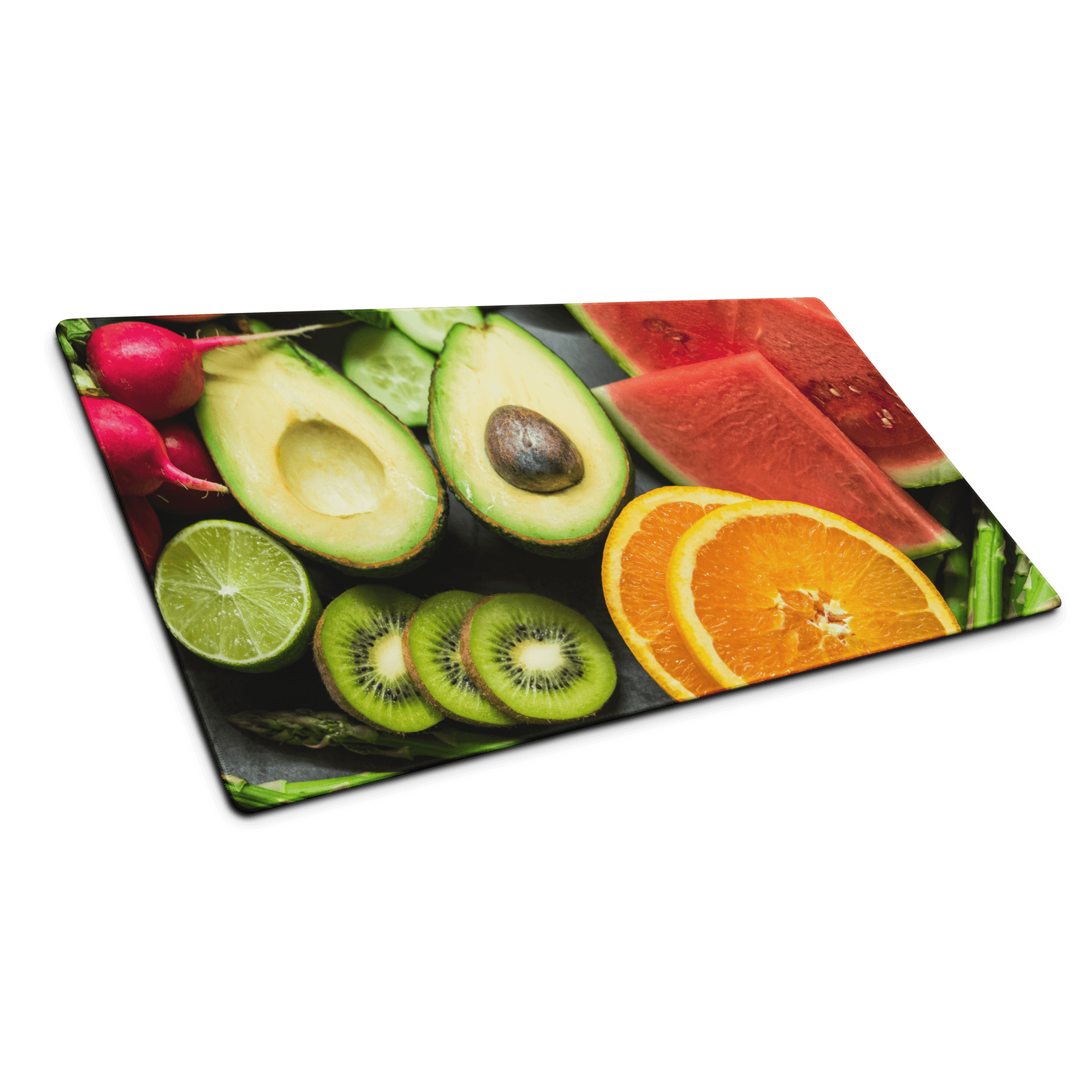 Vibrant fruit gaming mouse pad with sliced avocado lime kiwi watermelon print