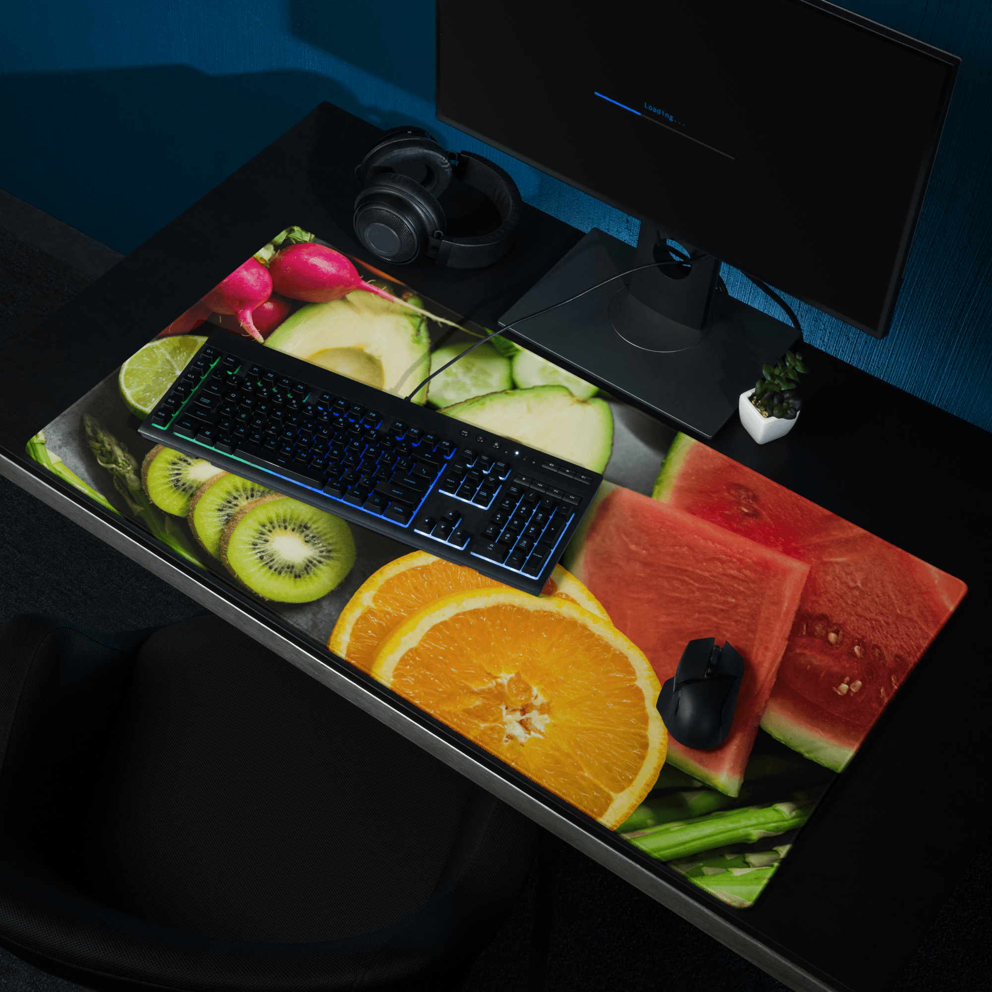 Vibrant fruit gaming mouse pad with watermelon, kiwi, avocado, lime slices
