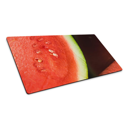 Vibrant watermelon close-up on large gaming mouse pad with edge stitching