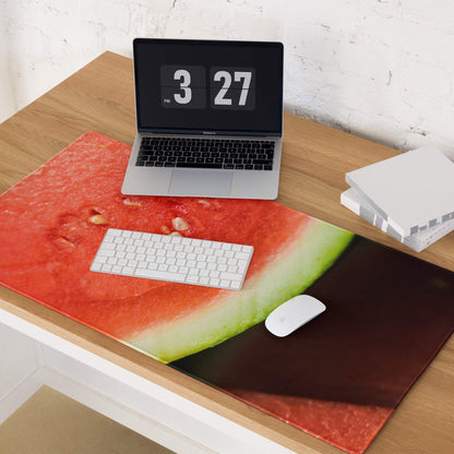 Vibrant watermelon gaming mouse pad with red flesh, green rind, seeds, stitching, non-slip base