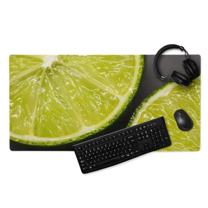 Vibrant lime slice gaming mouse pad with black keyboard and mouse