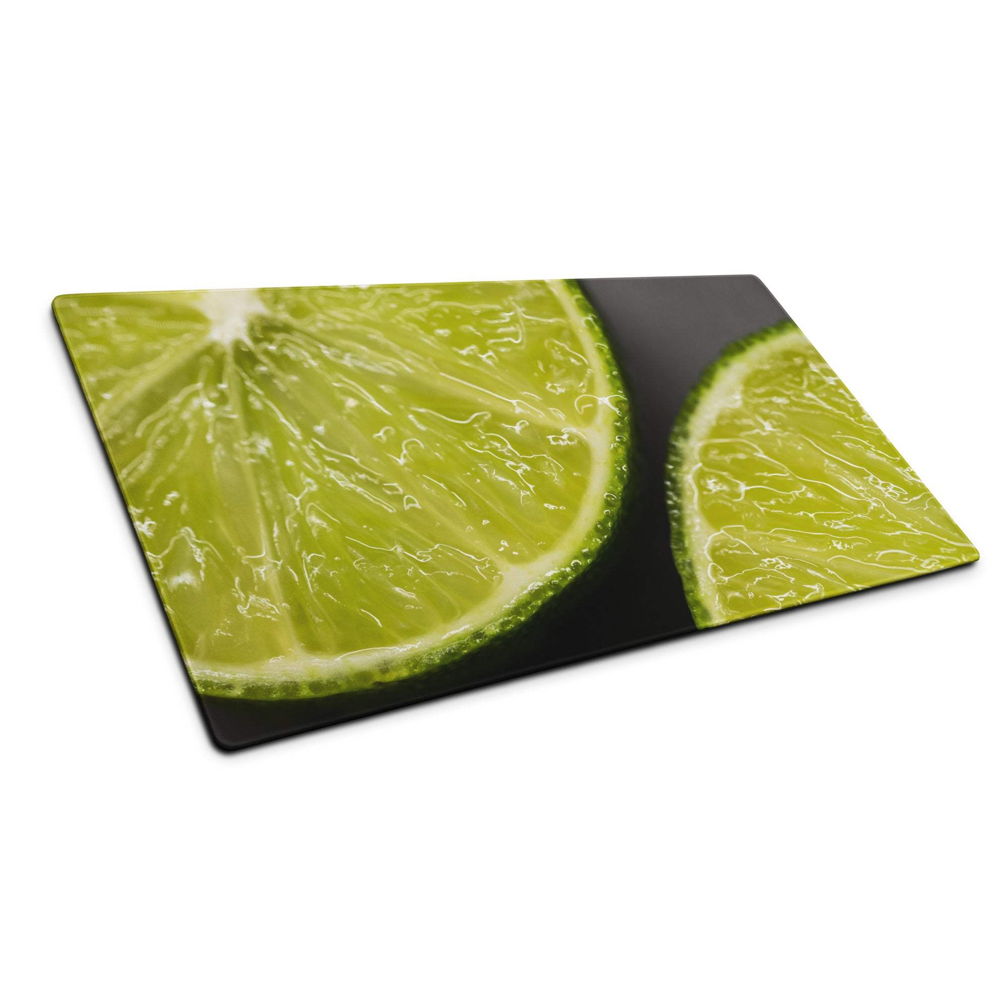 Vibrant lime slice on black glass board for large lime green gaming mouse pad