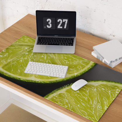Vibrant lime slice gaming mouse pad with glossy finish, non-slip backing, stitched edges