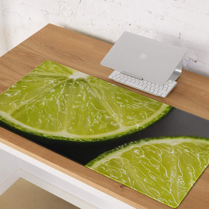 Vibrant green lime slice on large gaming mouse pad with stitched edges