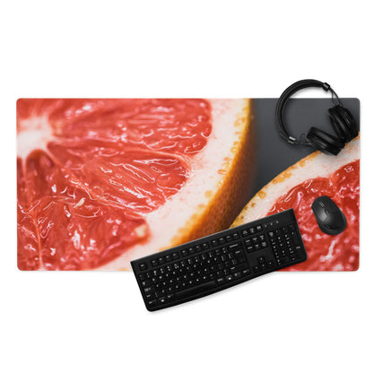 Vibrant sliced pink grapefruit gaming mouse pad with non-slip edge stitching