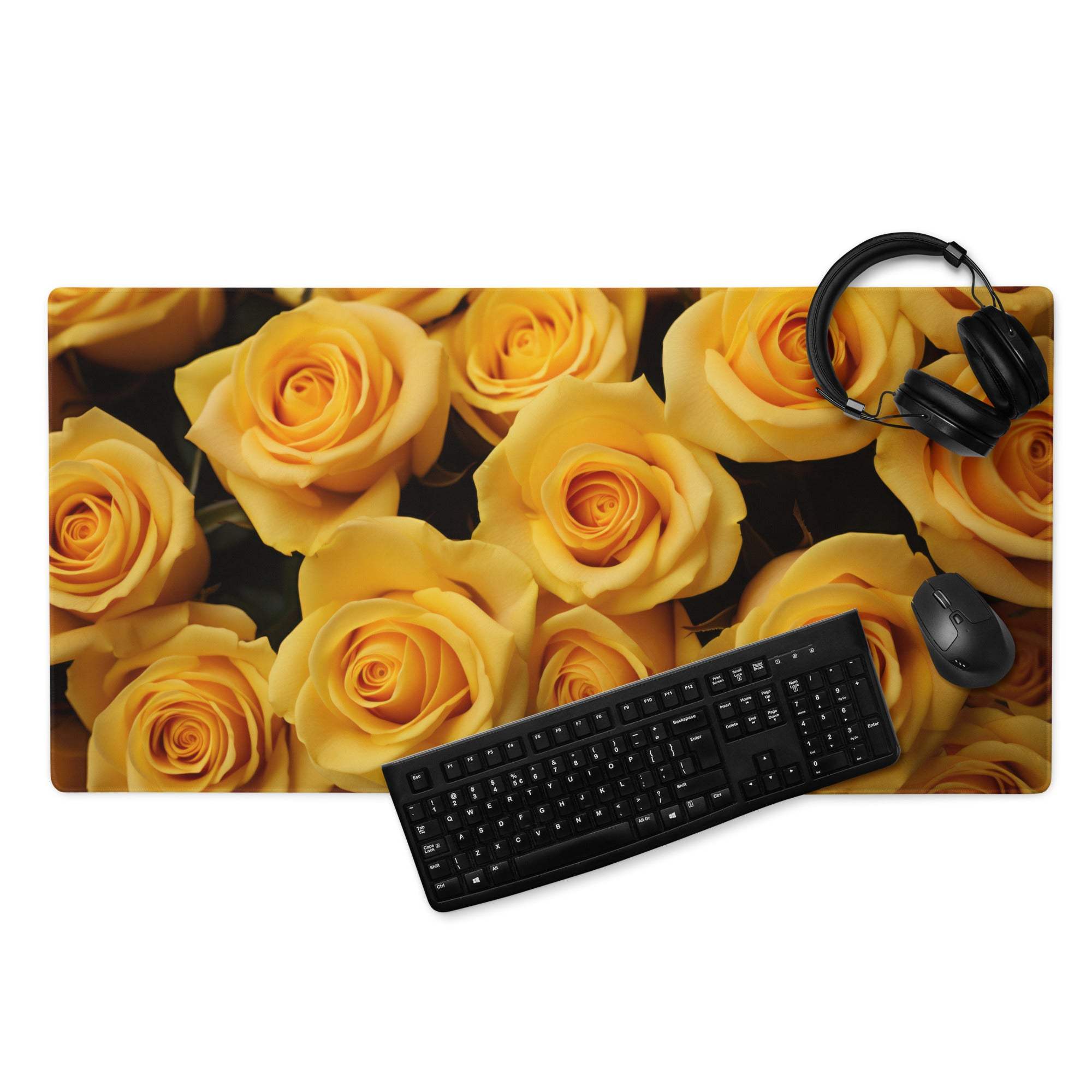 Large yellow rose gaming mouse pad with non-slip base and stitched edges