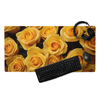 Large yellow rose gaming mouse pad with non-slip base and stitched edges