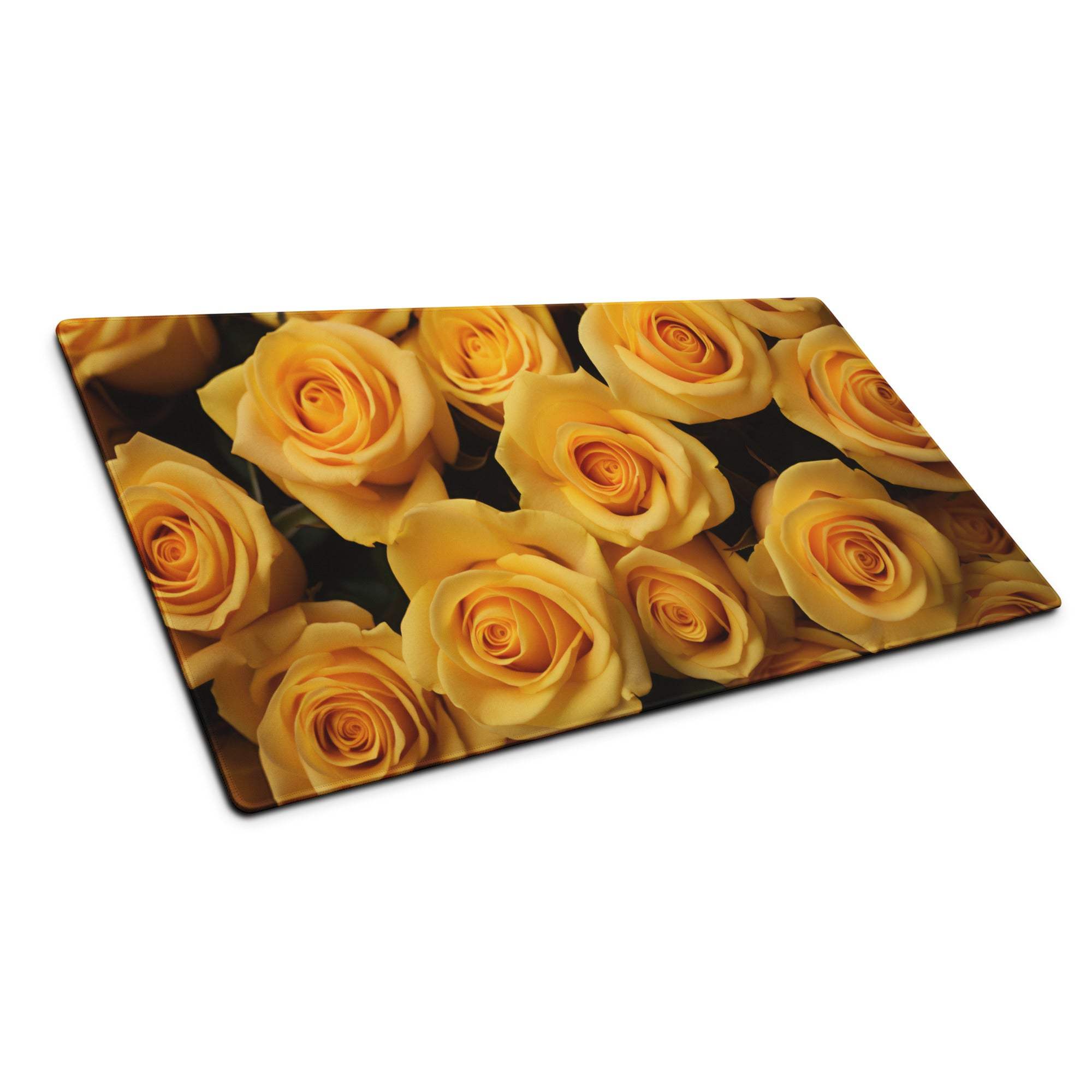 Large yellow rose gaming mouse pad with non-slip base and stitched edges