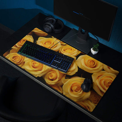 Large yellow rose gaming mouse pad with non-slip base and stitched edges