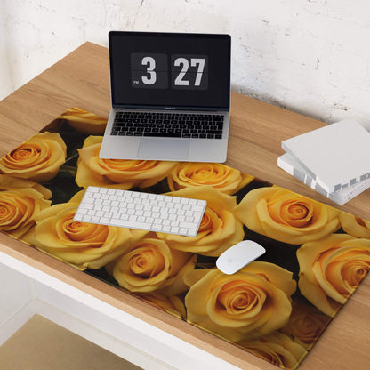 Large yellow rose gaming mouse pad with non-slip base and stitched edges