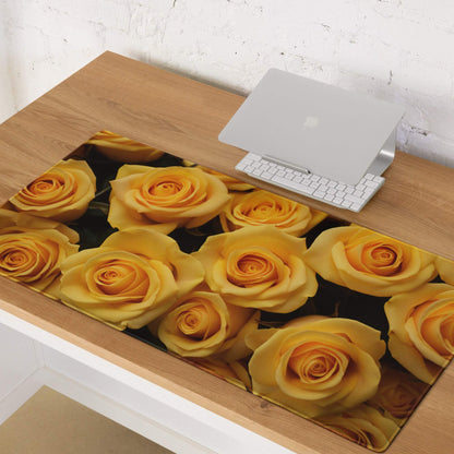 Large yellow rose gaming mouse pad with non-slip base and stitched edges