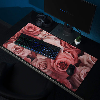 Elegant pink roses large non-slip gaming mouse pad with floral design